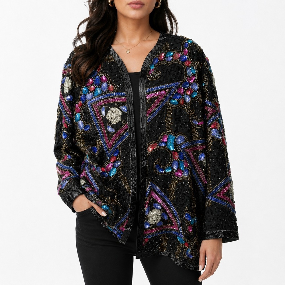 NWT Vintage 1980s Jasmine By K.V.M. 100% Pure Silk Jacket Women's Medium Black